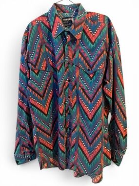 Wrangler Men's Chevron Print Button-Up Jacket in Teal, Purple & Orange